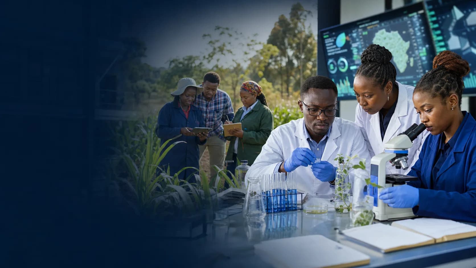 Kisii University researchers collaborating across laboratory, field, data, and community research